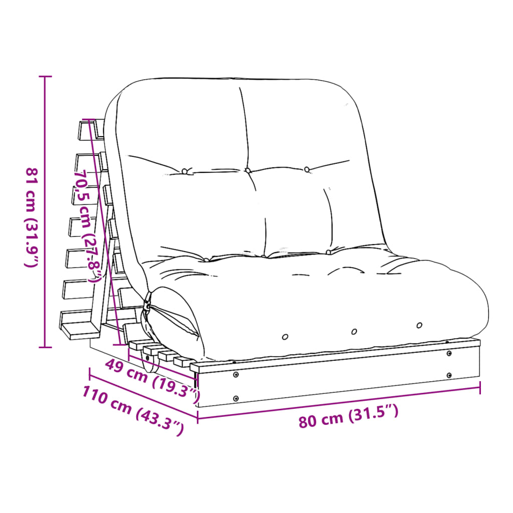 Tömör fenyőfa futon kanapéágy matraccal 80 x 206 x 11 cm 