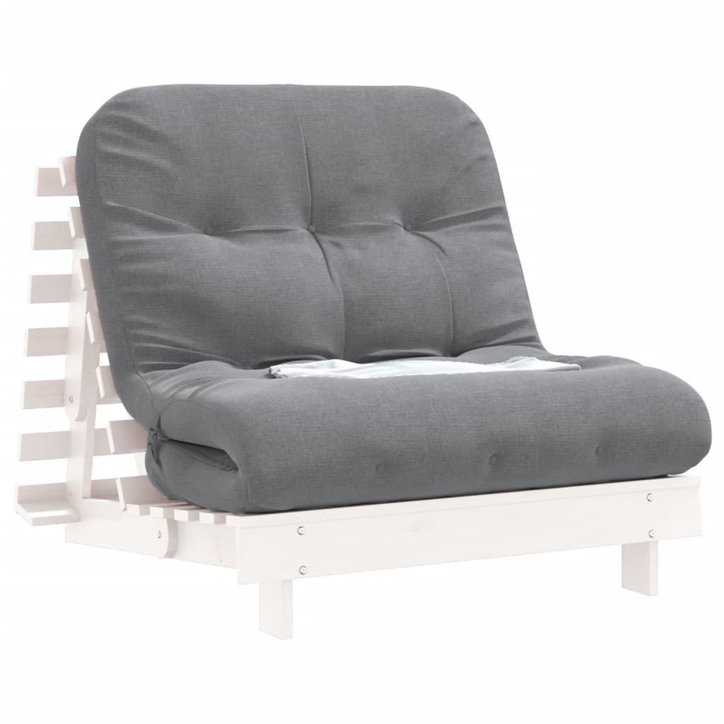 Fehér tömör fenyőfa futon kanapéágy matraccal 80 x 206 x 11 cm 