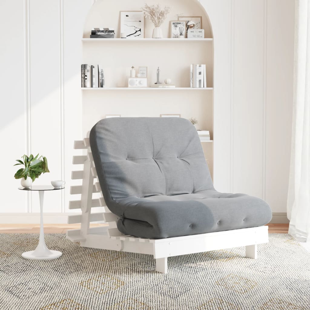 Fehér tömör fenyőfa futon kanapéágy matraccal 80 x 206 x 11 cm 