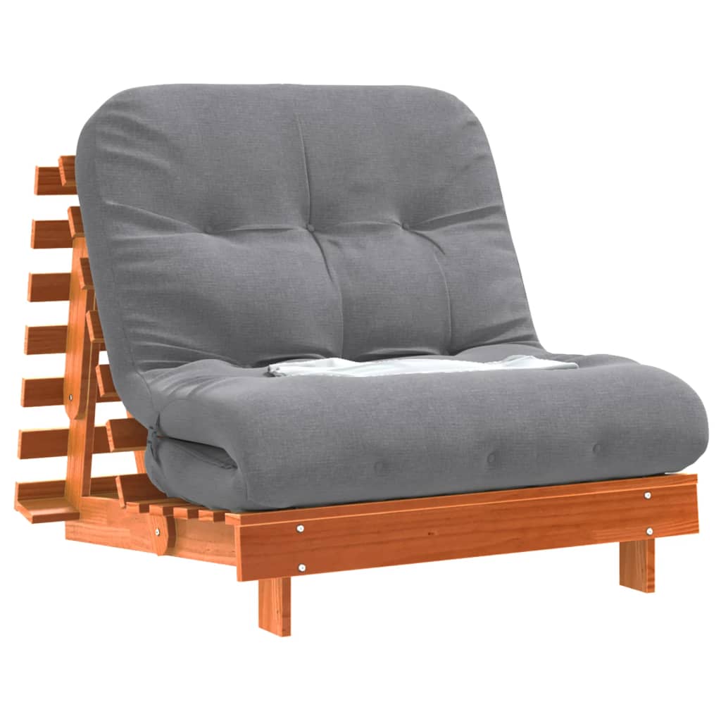 Viaszbarna tömör fenyőfa futon kanapéágy matraccal 80x206x11 cm 