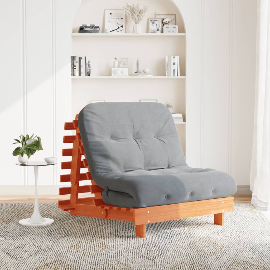 Viaszbarna tömör fenyőfa futon kanapéágy matraccal 80x206x11 cm 