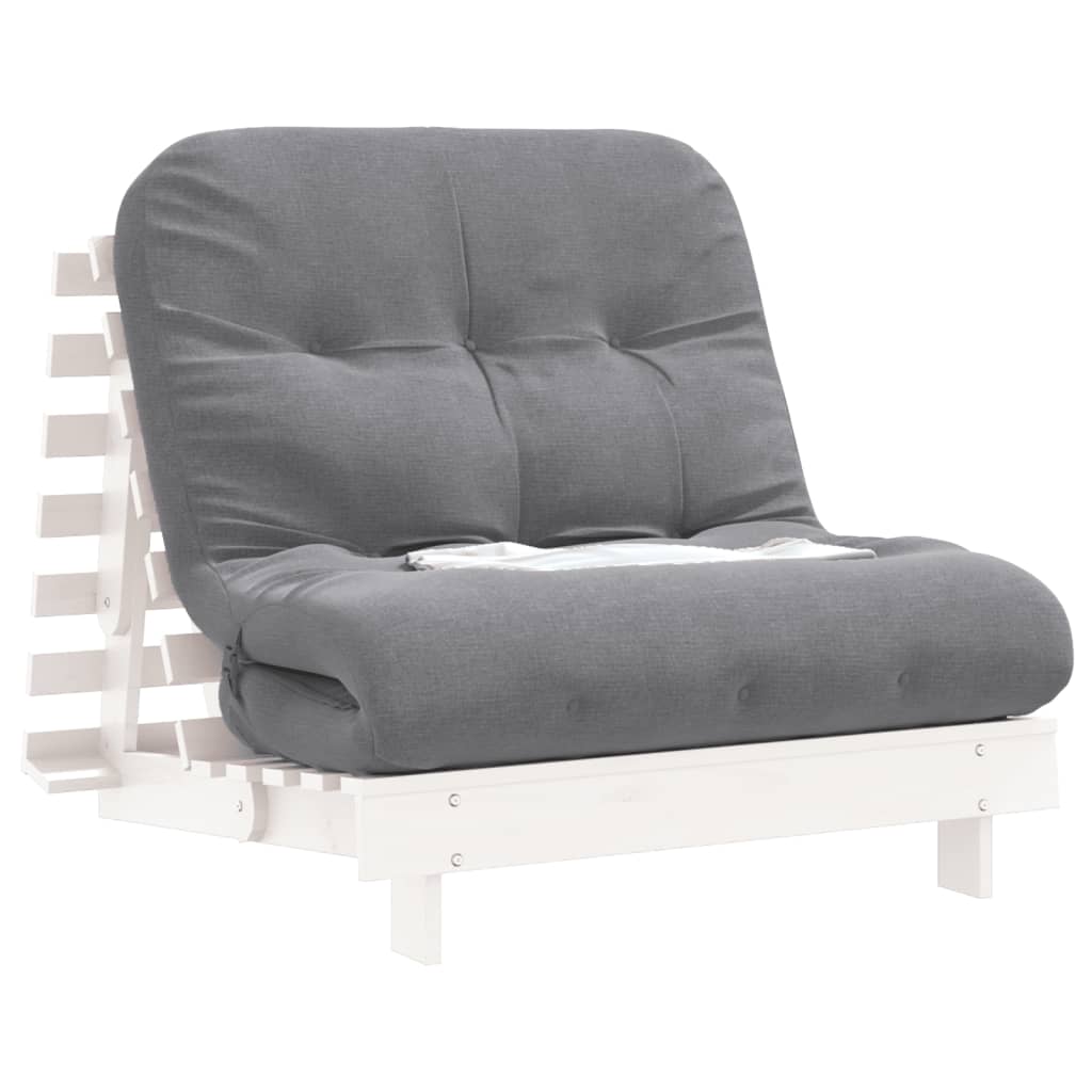 Fehér tömör fenyőfa futon kanapéágy matraccal 90 x 206 x 11 cm 