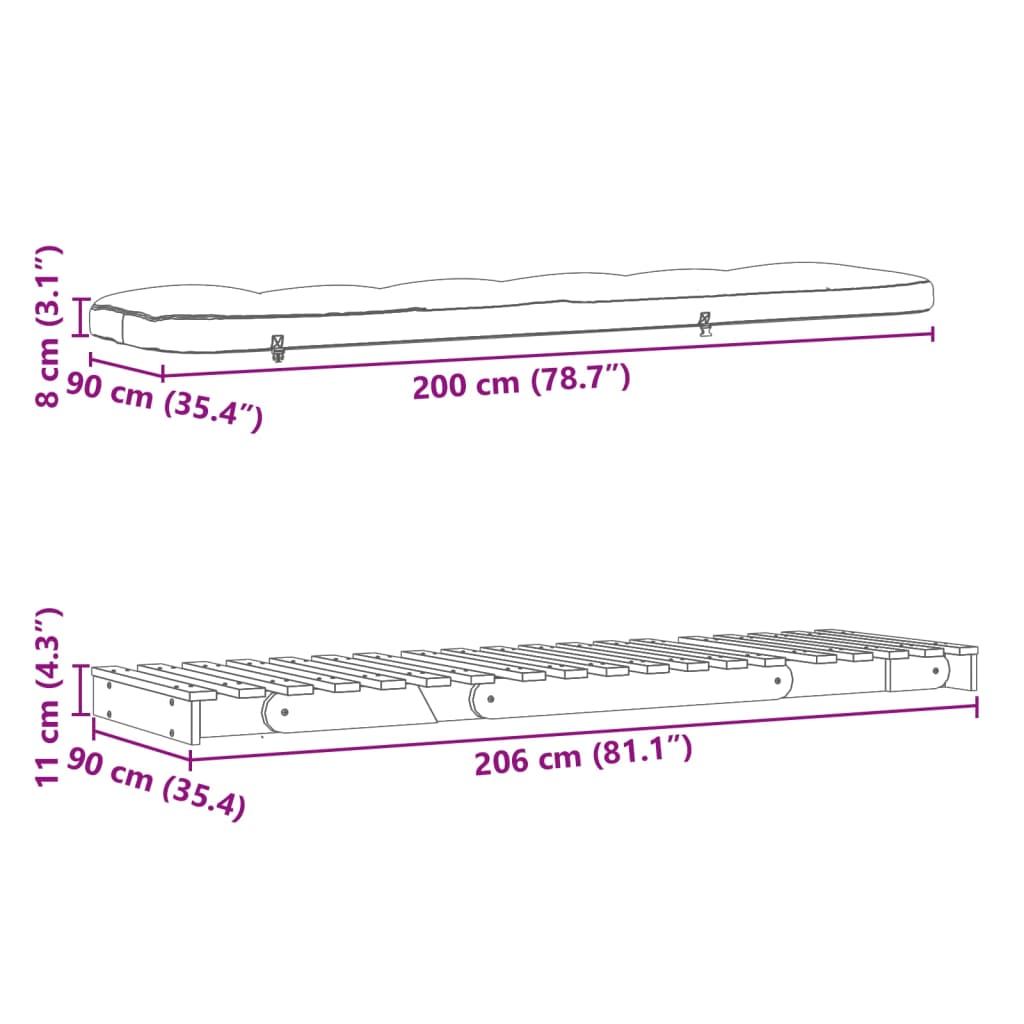 Tömör impregnált fenyőfa futon kanapéágy matraccal 90x206x11 cm 