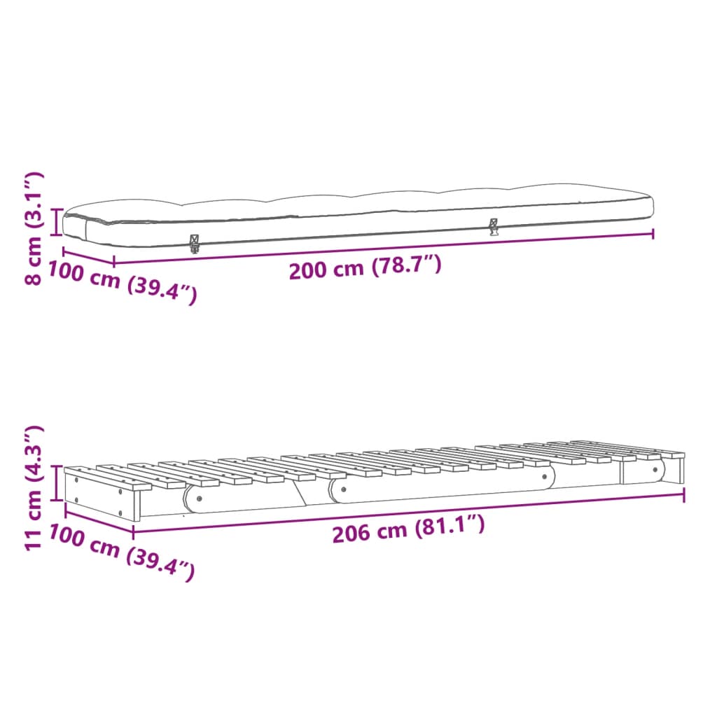 Tömör fenyőfa futon kanapéágy matraccal 100 x 206 x 11 cm 