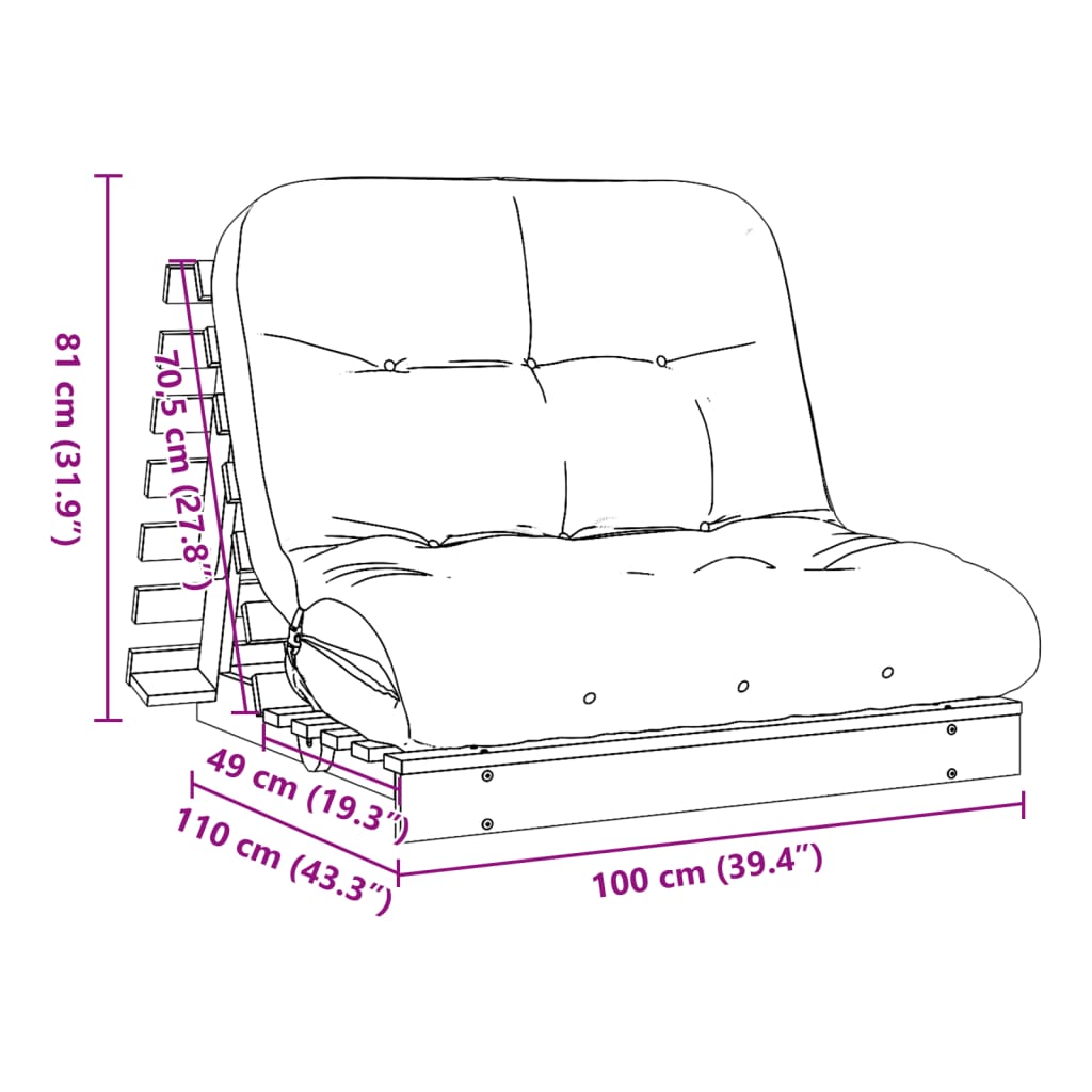 Tömör fenyőfa futon kanapéágy matraccal 100 x 206 x 11 cm 