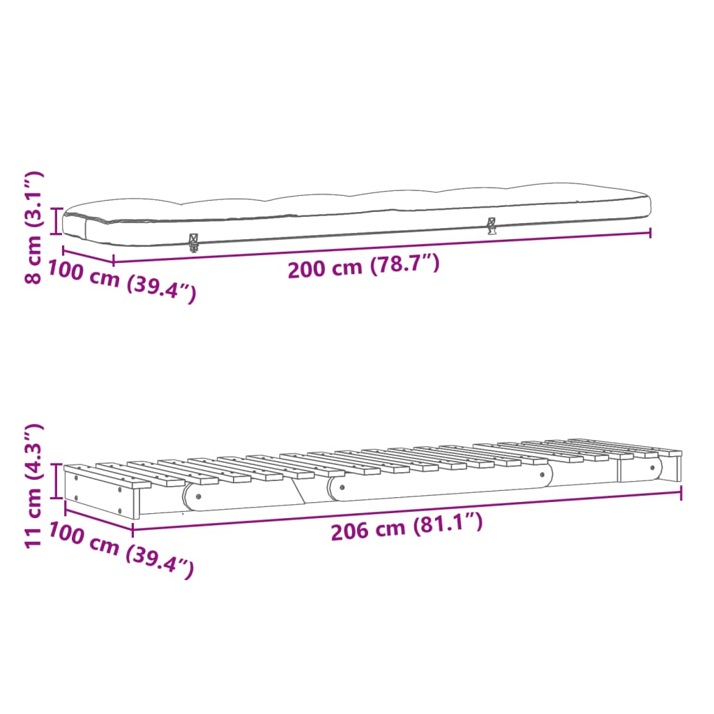 Fehér tömör fenyőfa futon kanapéágy matraccal 100 x 206 x 11 cm 