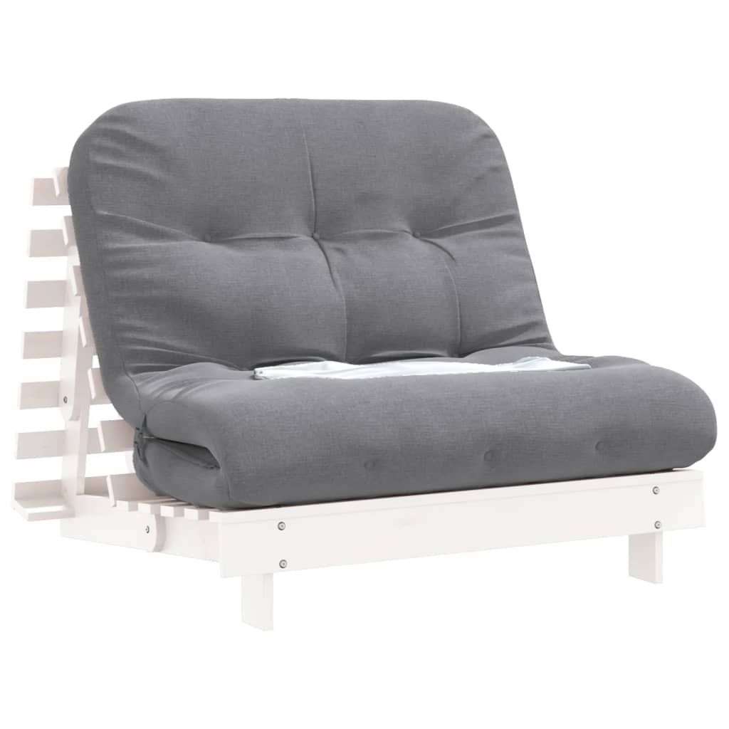 Fehér tömör fenyőfa futon kanapéágy matraccal 100 x 206 x 11 cm 