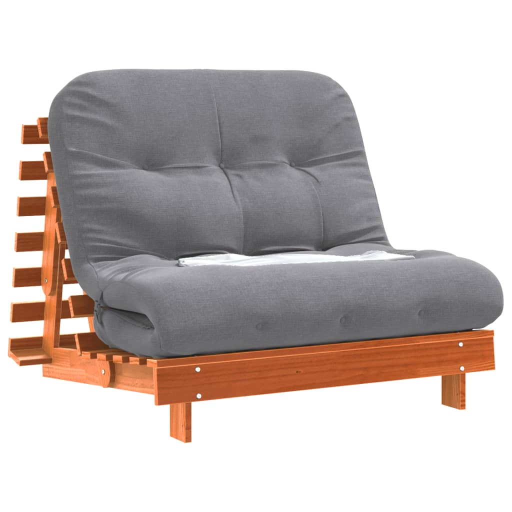 Viaszbarna tömör fenyőfa futon kanapéágy matraccal 100x206x11cm 