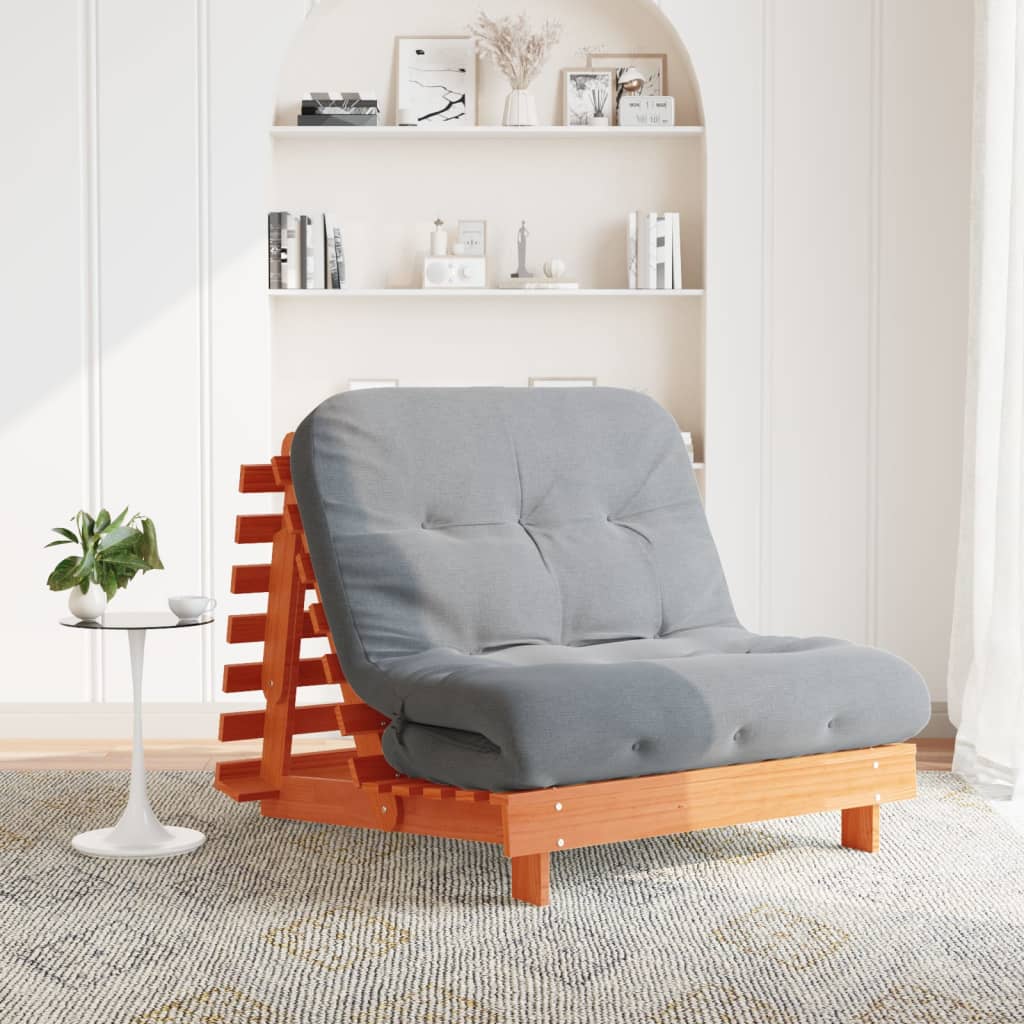 Viaszbarna tömör fenyőfa futon kanapéágy matraccal 100x206x11cm 