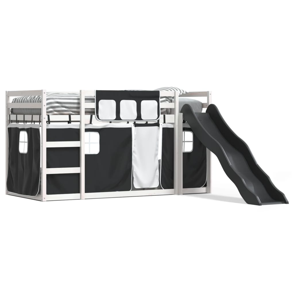 Etagenbett mit Rutsche und Gardinen Weiß und Schwarz 80×200 cm