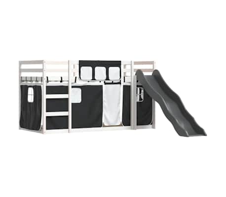 vidaXL Beliche com escorrega e cortinas 90x190 cm branco e preto