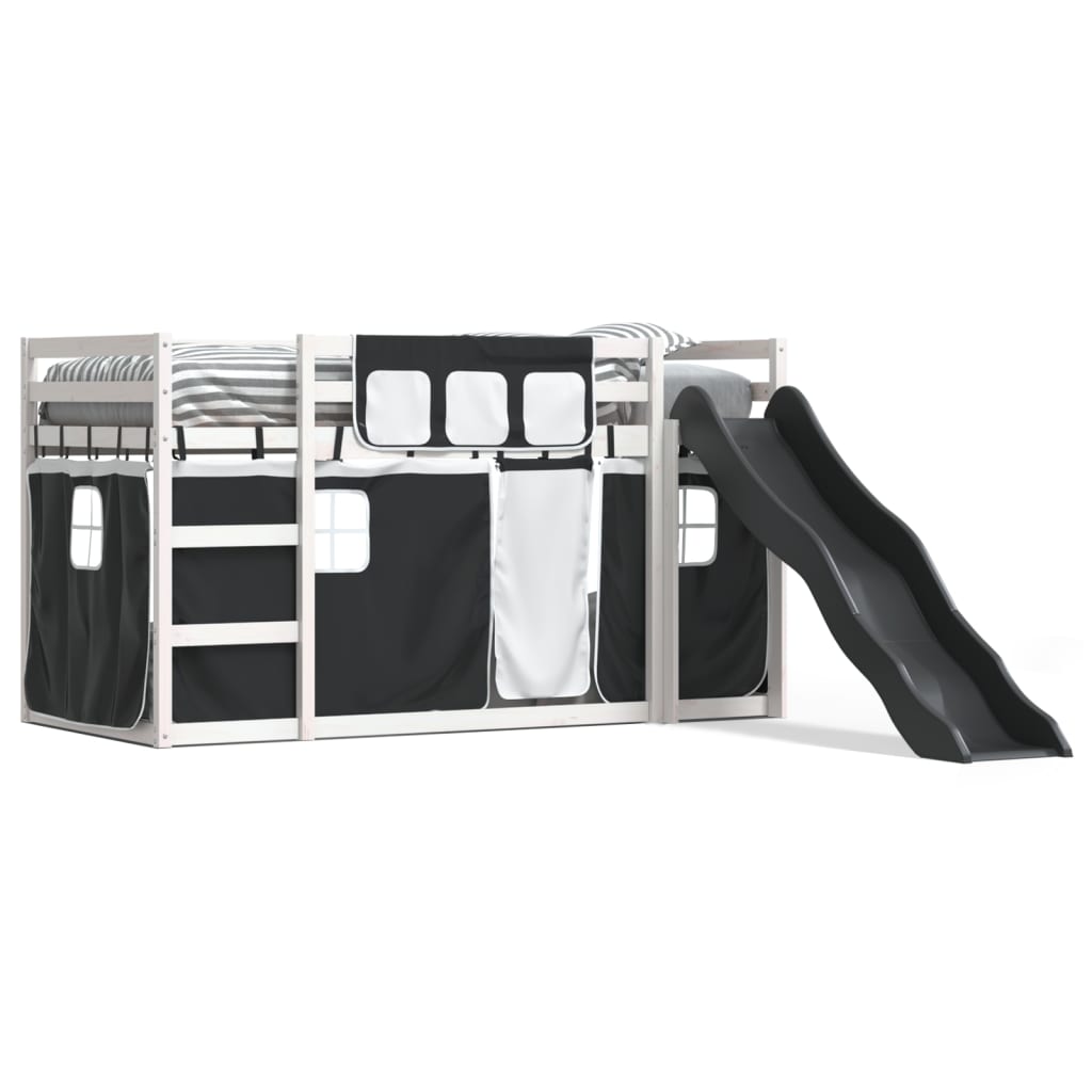 Etagenbett mit Rutsche und Gardinen Weiß und Schwarz 90×190 cm