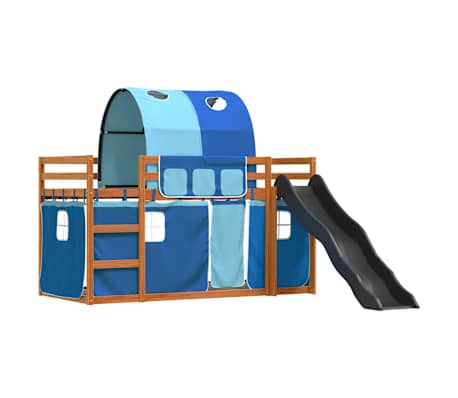 vidaXL Pat supraetajat cu tobogan și perdele, albastru, 90x190 cm