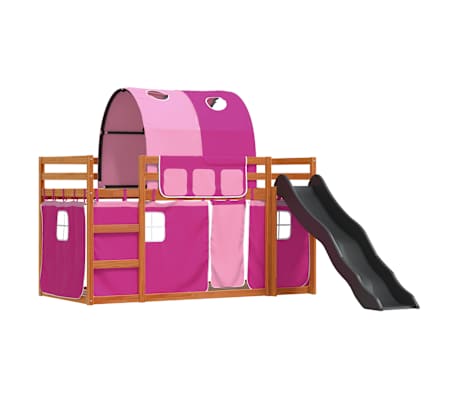 vidaXL Pat supraetajat cu tobogan și perdele, roz, 90x190 cm