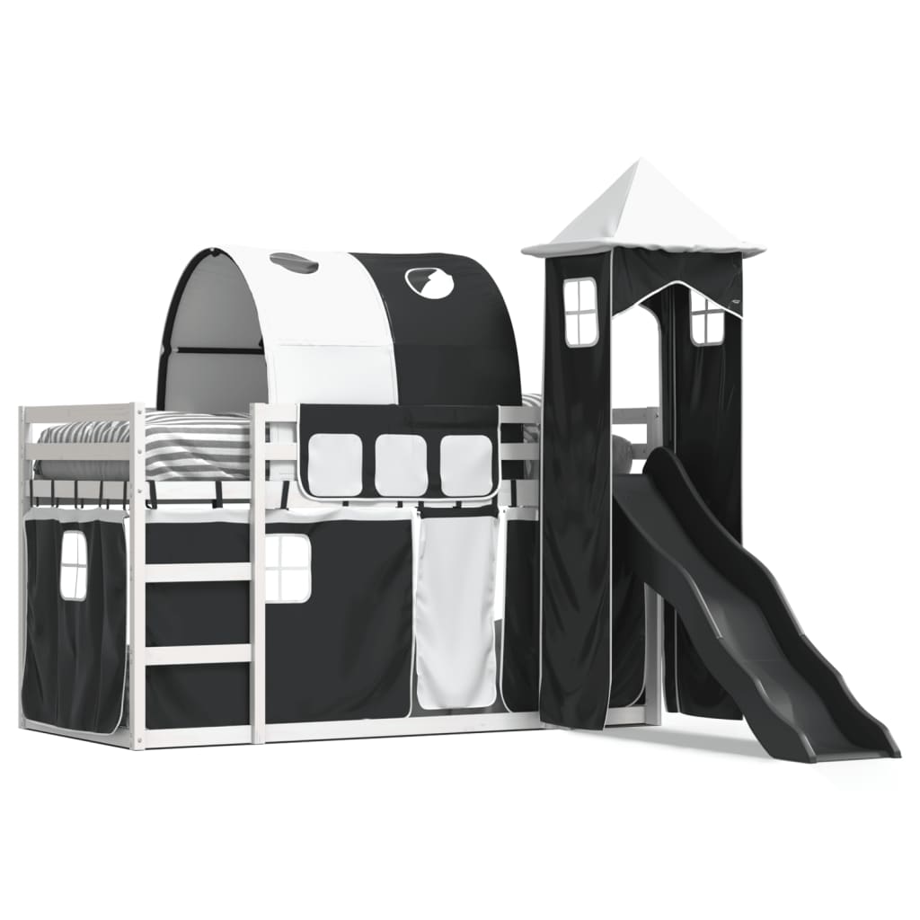 Etagenbett mit Rutsche und Gardinen Weiß und Schwarz 90×200 cm