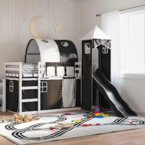 Pograd s toboganom in zavesami bel in črn 90x200 cm