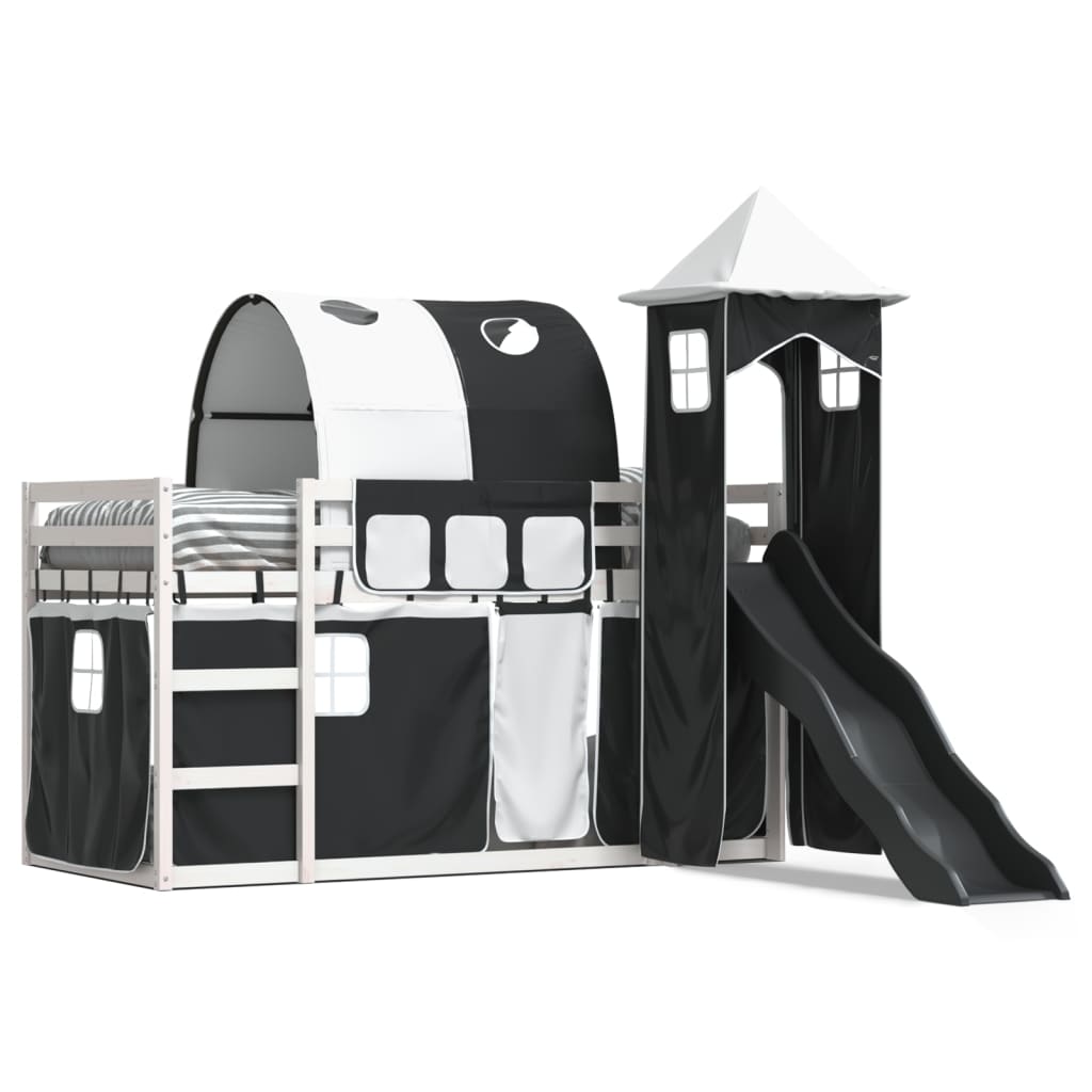 Etagenbett mit Rutsche und Gardinen Weiß und Schwarz 90×190 cm