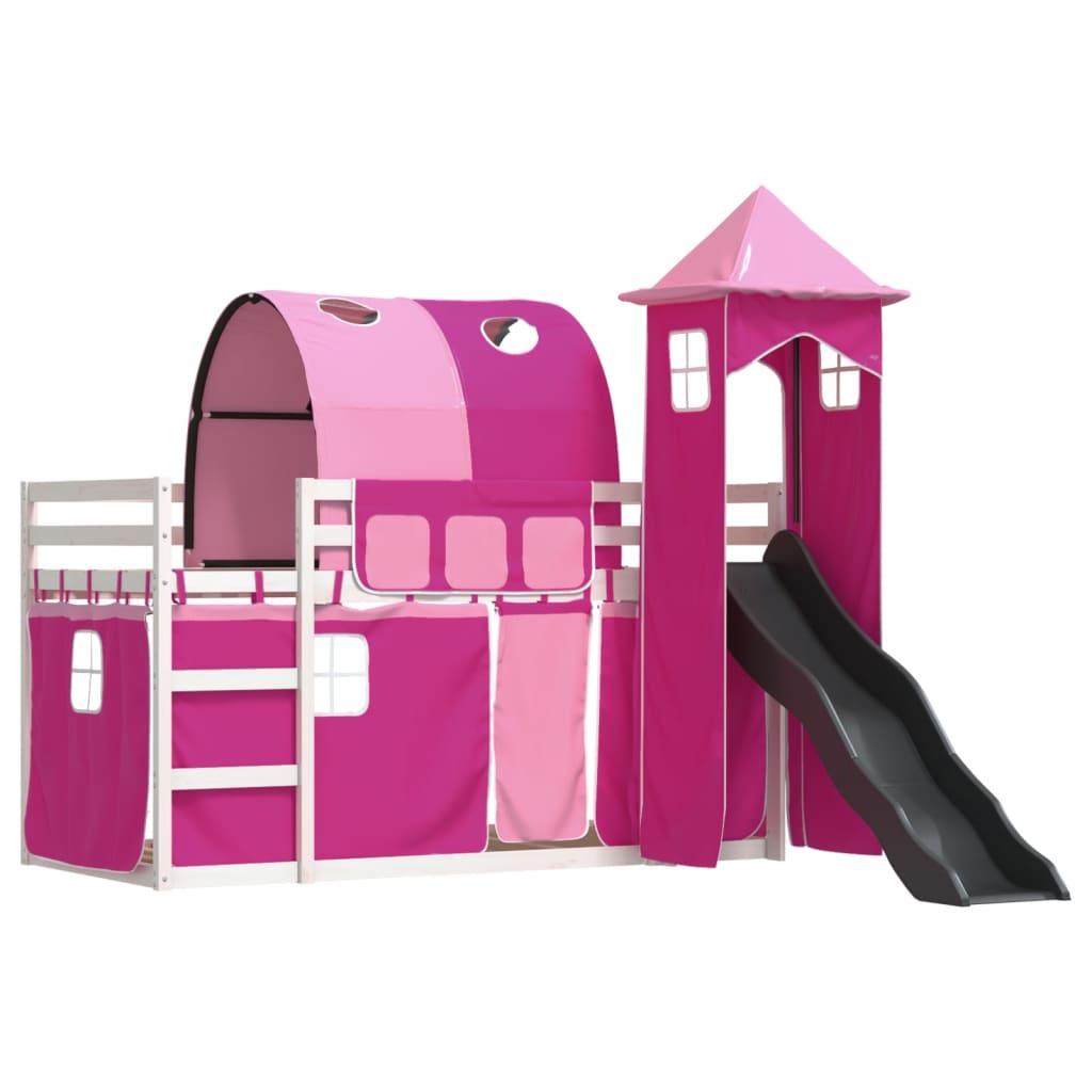 vidaXL Stapelbed met glijbaan en gordijnen roze 90x190 cm afbeelding