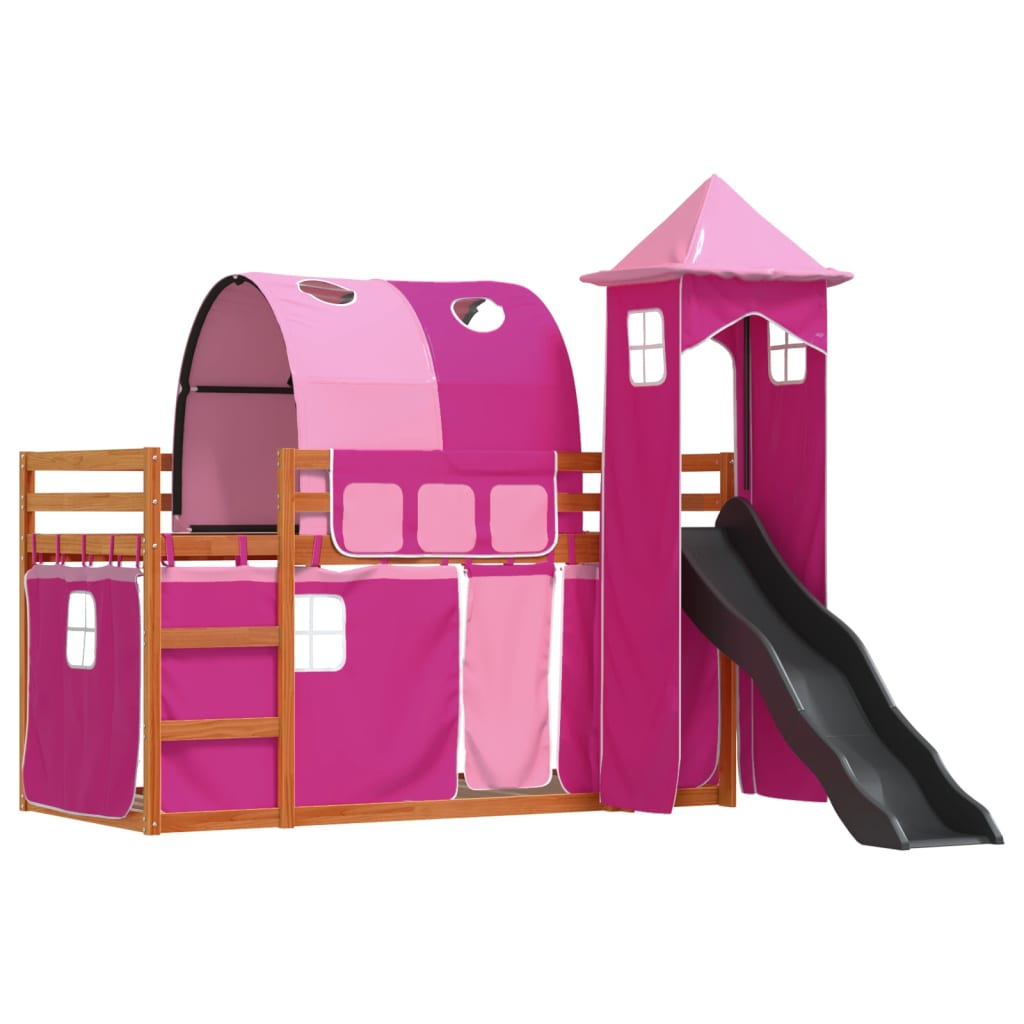 vidaXL Stapelbed met glijbaan en gordijnen roze 90x190 cm afbeelding