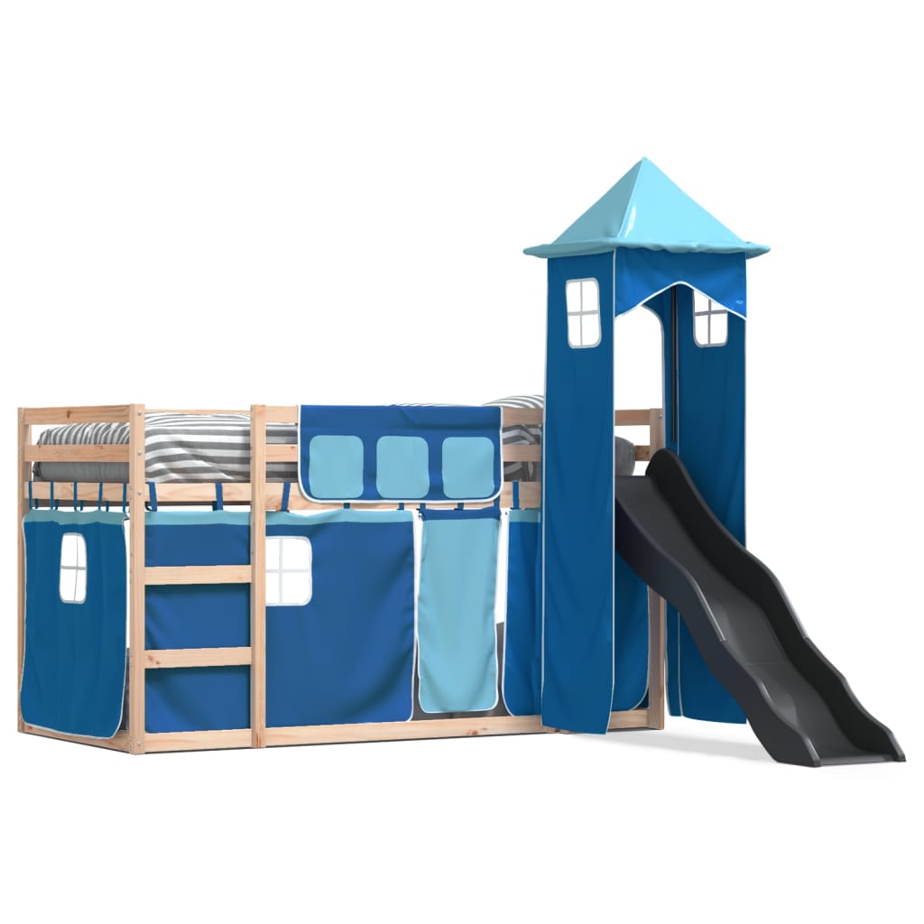 Etagenbett mit Rutsche und Gardinen Blau 90×200 cm