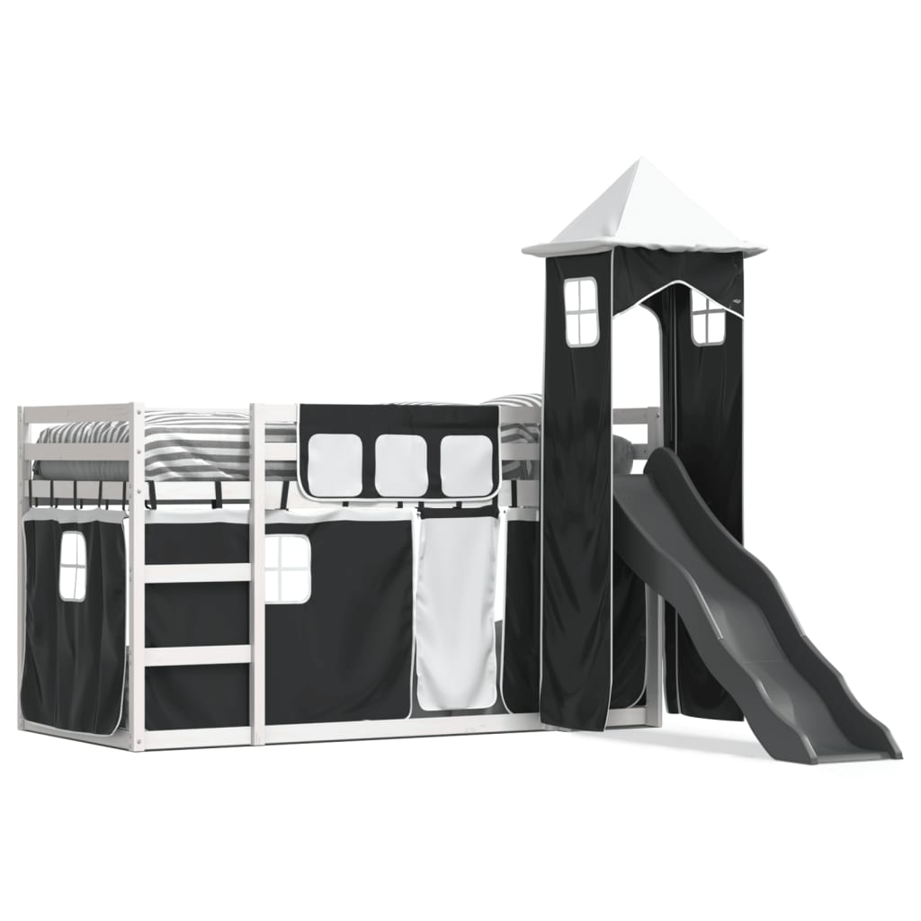 Etagenbett mit Rutsche und Gardinen Weiß und Schwarz 90×200 cm