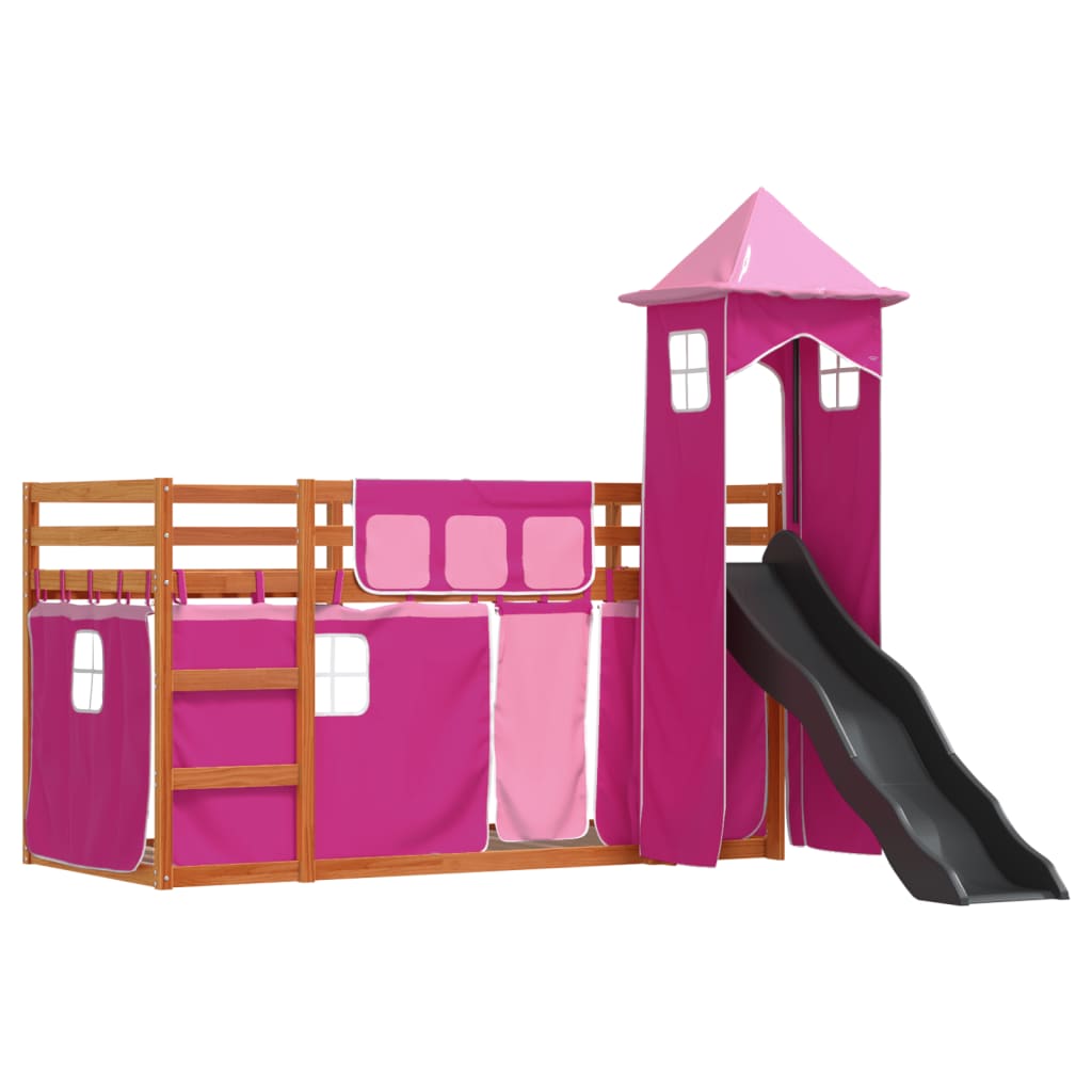 vidaXL Stapelbed met glijbaan en gordijnen roze 90x200 cm afbeelding