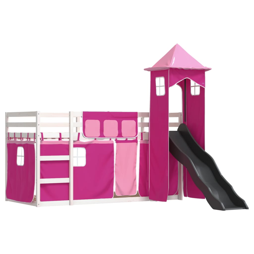 vidaXL Stapelbed met glijbaan en gordijnen roze 90x190 cm afbeelding