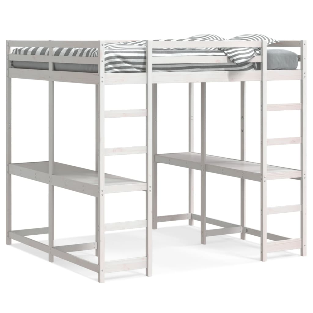 Hochbett mit Schreibtisch & Leiter Weiß 200×200 cm Kiefernholz