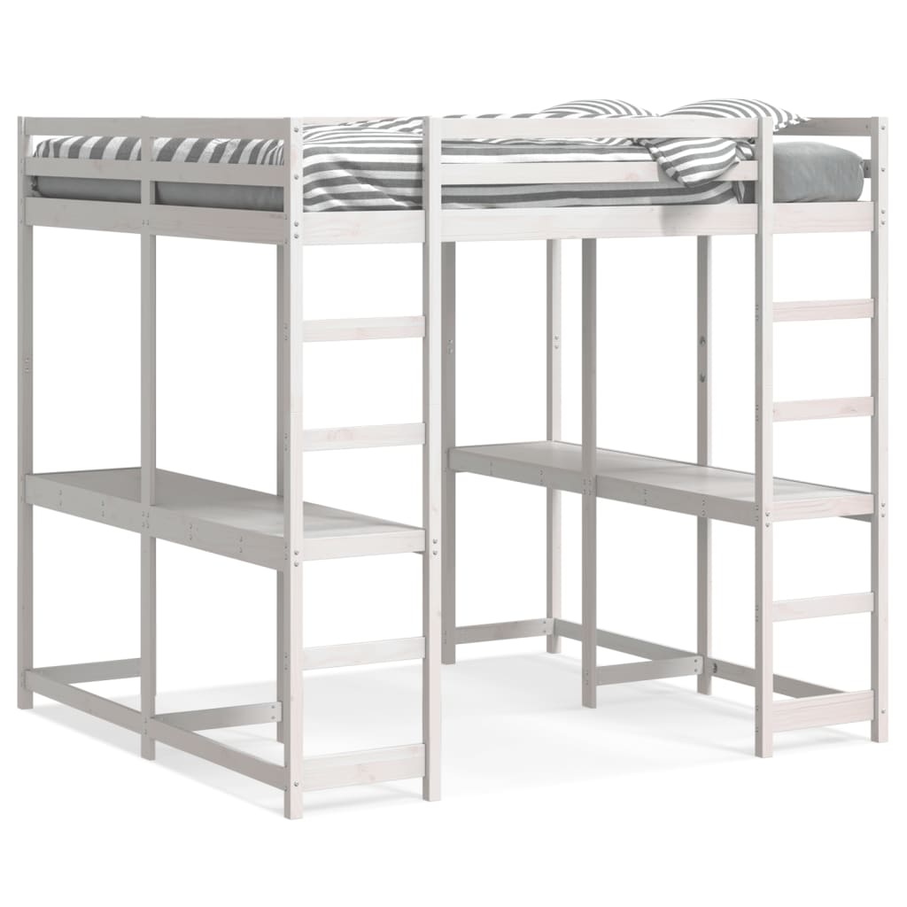 Hochbett mit Schreibtisch & Leiter Weiß 160×200 cm Kiefernholz