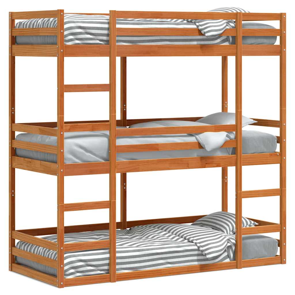 E-shop vidaXL Trojitá poschodová posteľ voskovohnedá 90x200 cm borovic. masív