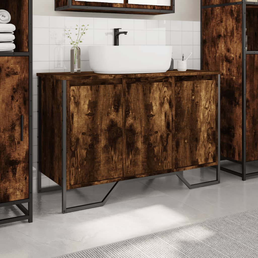 vidaXL Wastafelkast 91x35x60 cm bewerkt hout gerookt eikenkleurig afbeelding