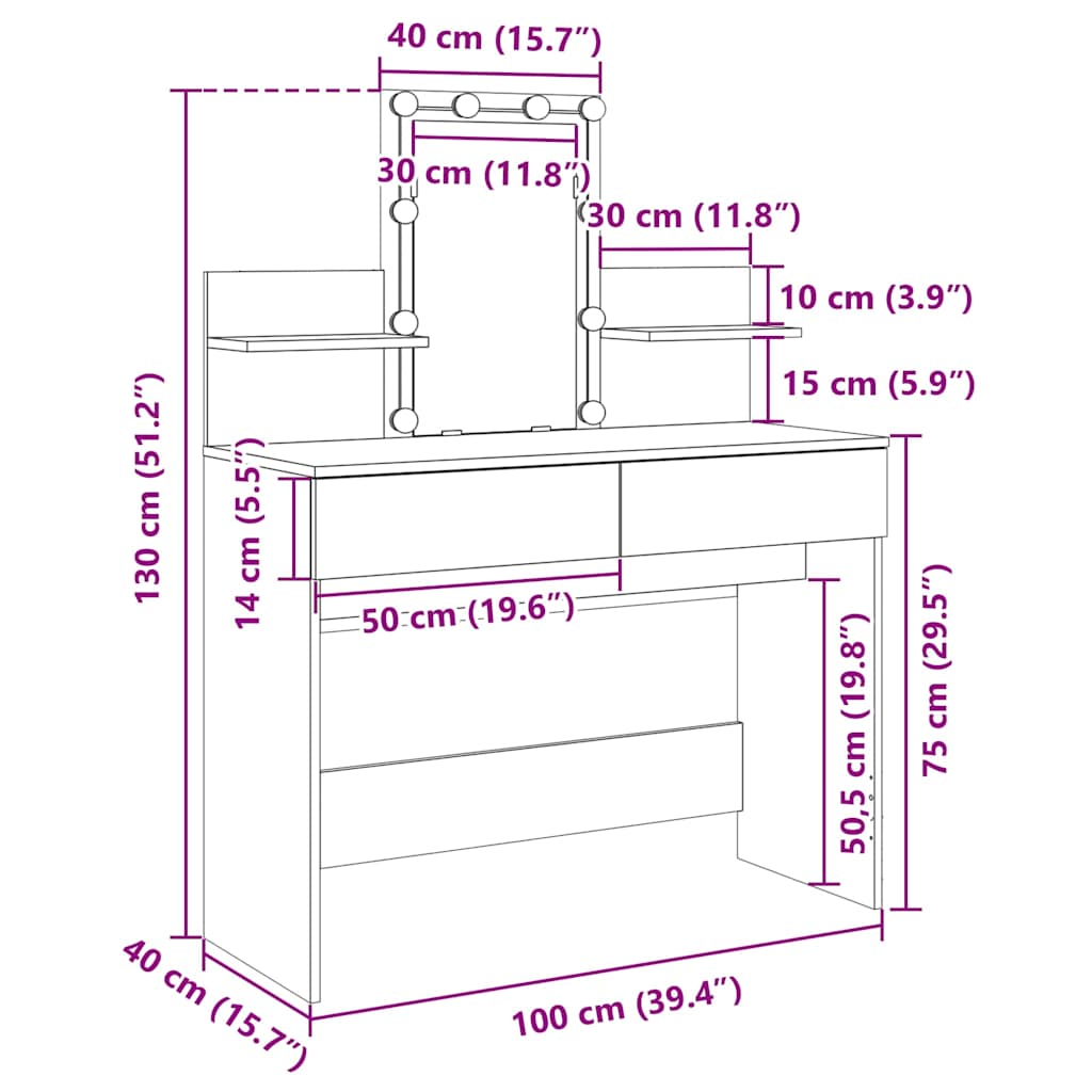 Toaletní stolek s LED dub sonoma 100 x 40 x 130 cm - obrázek 18