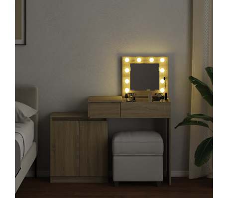 vidaXL sonoma t&ouml;lgy sz&iacute;nű f&eacute;s&uuml;lk&ouml;dőasztal LED-del 115 x 37 x 110,5 cm