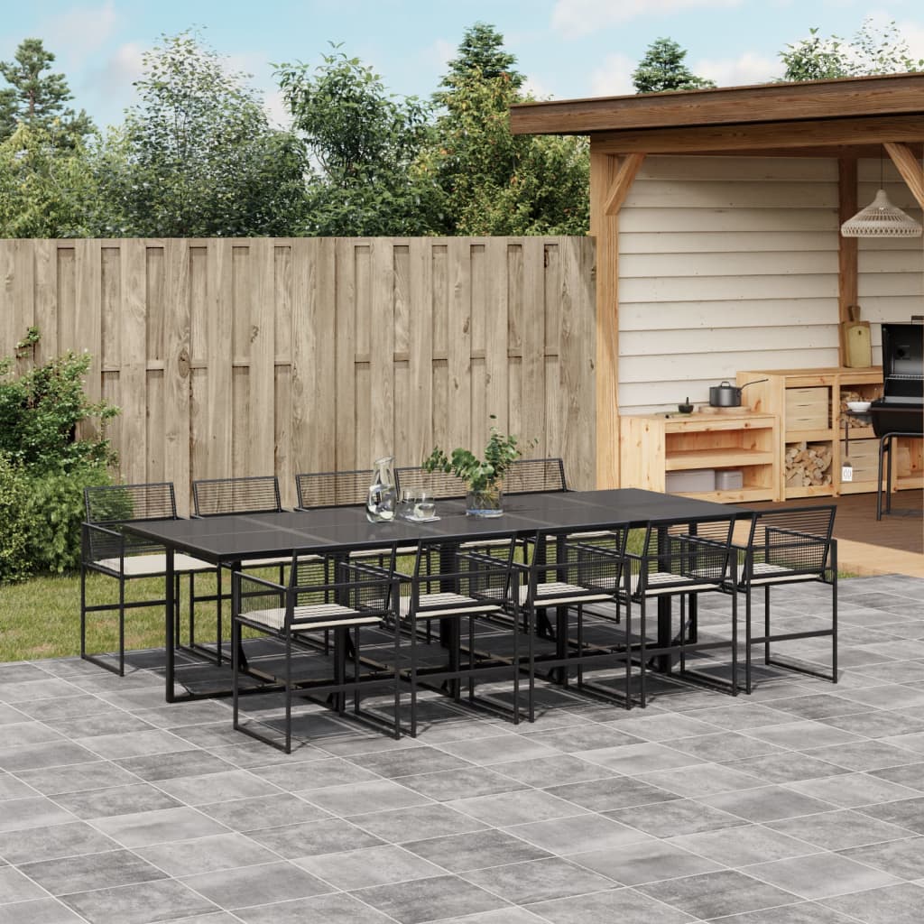 vidaXL 11-tlg. Garten-Essgruppe mit Kissen Schwarz Poly Rattan