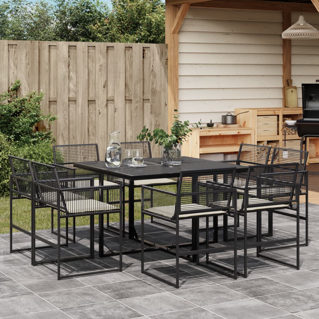 vidaXL 9-tlg. Garten-Essgruppe mit Kissen Schwarz Poly Rattan