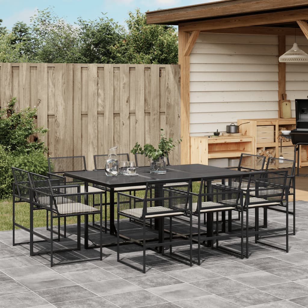 vidaXL 11-tlg. Garten-Essgruppe mit Kissen Schwarz Poly Rattan