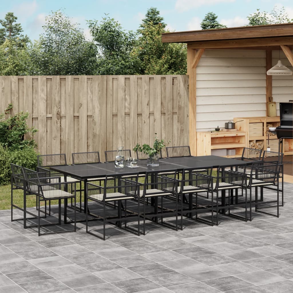 vidaXL 15-tlg. Garten-Essgruppe mit Kissen Schwarz Poly Rattan