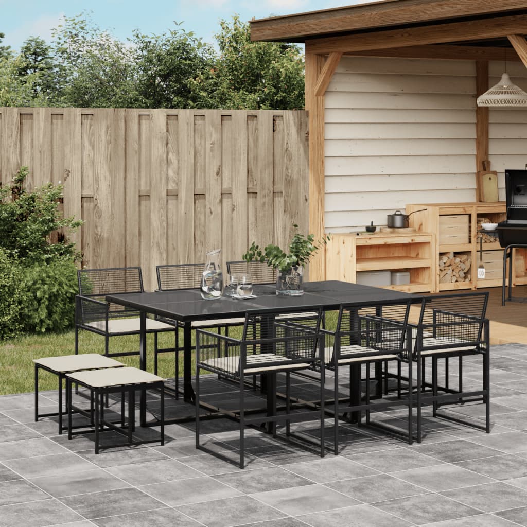 vidaXL 11-tlg. Garten-Essgruppe mit Kissen Schwarz Poly Rattan