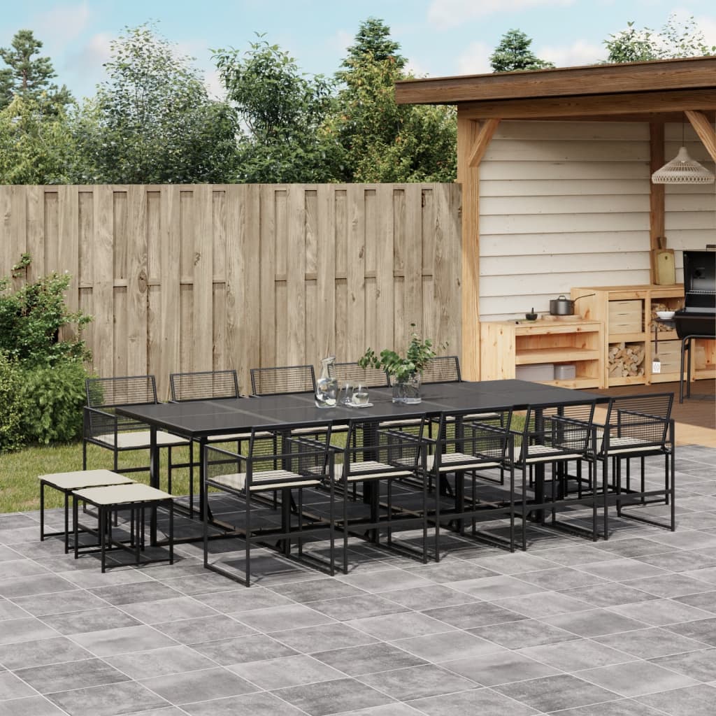 vidaXL 15-tlg. Garten-Essgruppe mit Kissen Schwarz Poly Rattan