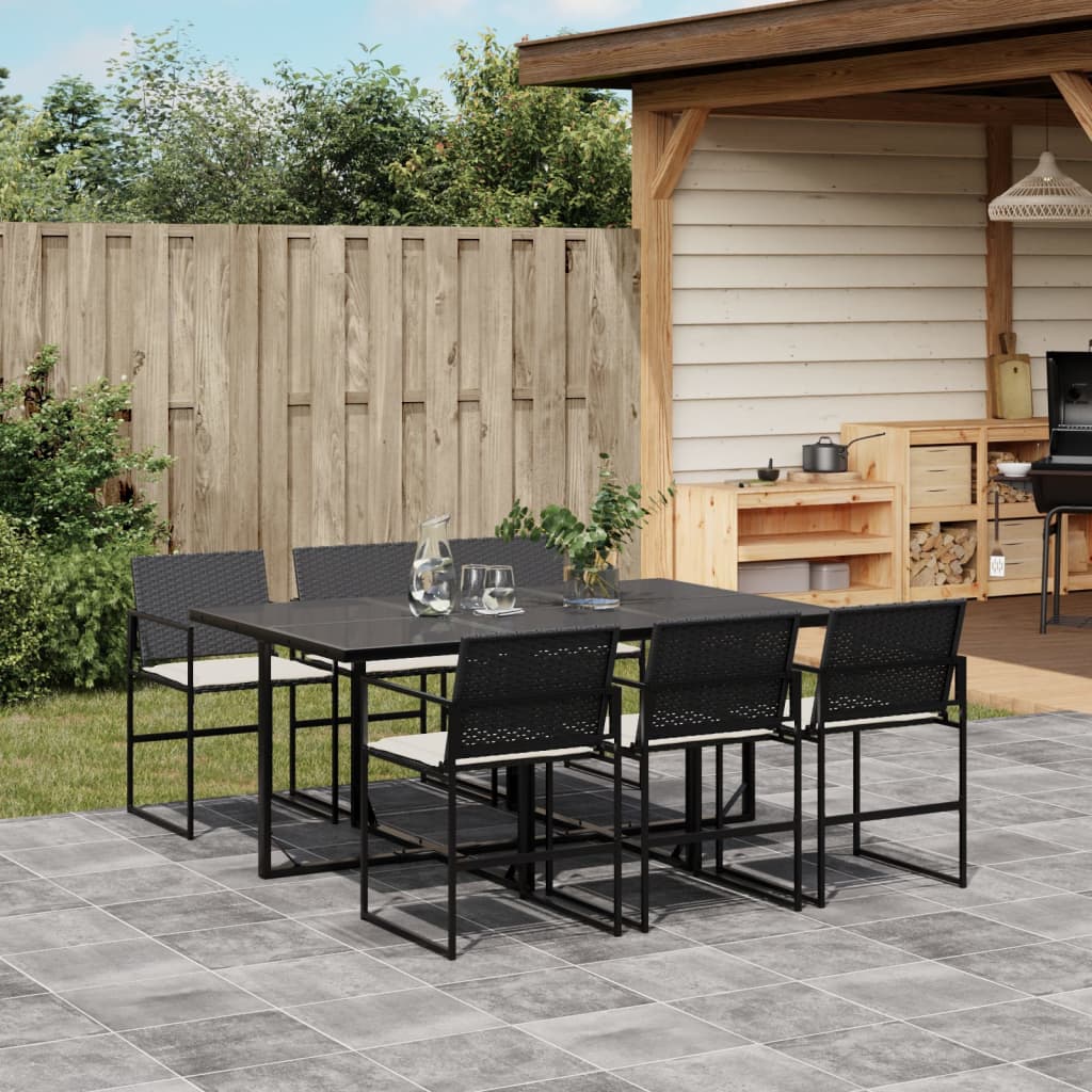 vidaXL 7-tlg. Garten-Essgruppe mit Kissen Schwarz Poly Rattan