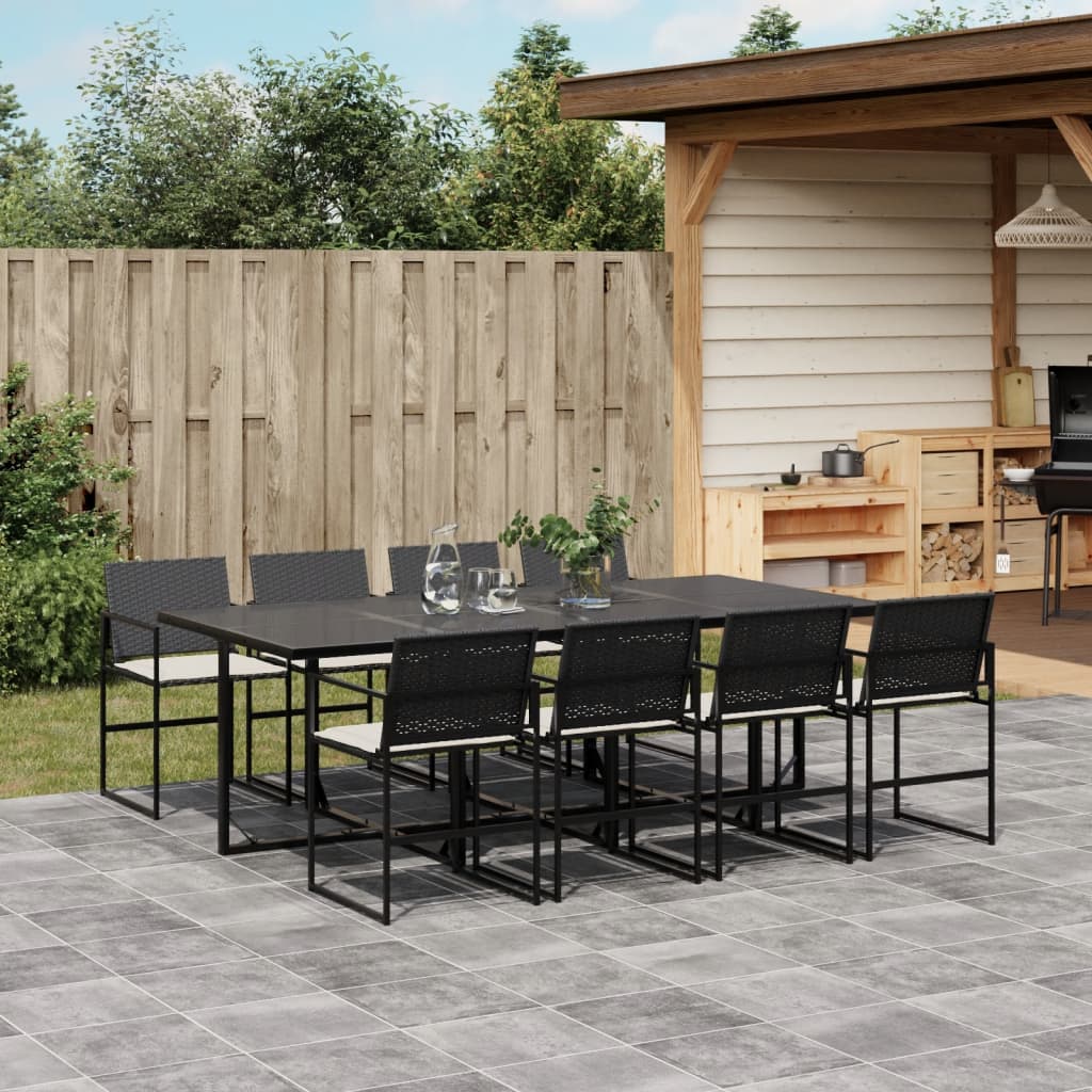 vidaXL 9-tlg. Garten-Essgruppe mit Kissen Schwarz Poly Rattan