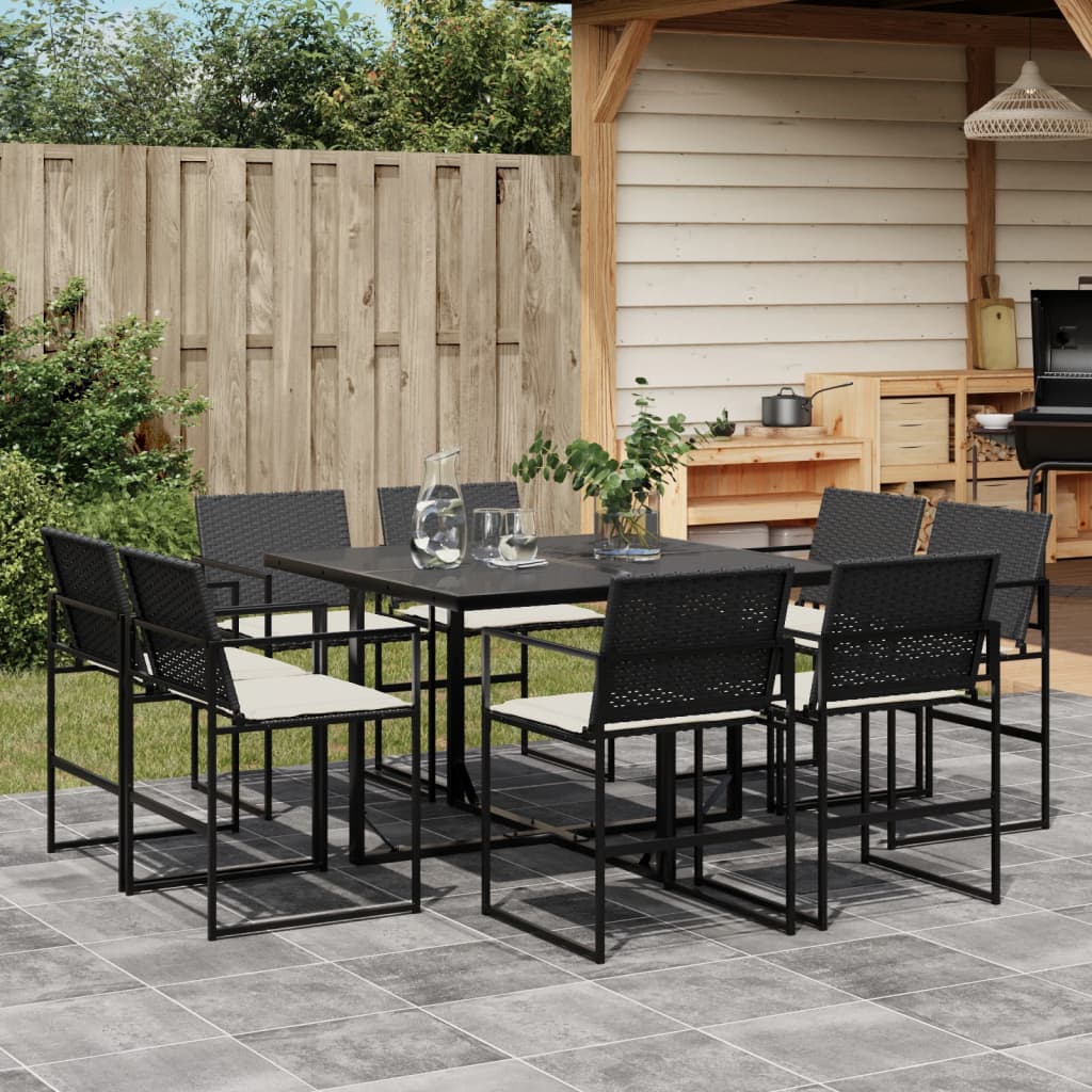 vidaXL 9-tlg. Garten-Essgruppe mit Kissen Schwarz Poly Rattan