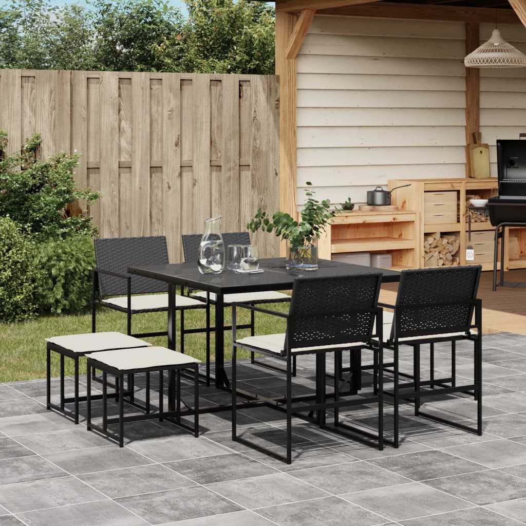 vidaXL 9-tlg. Garten-Essgruppe mit Kissen Schwarz Poly Rattan