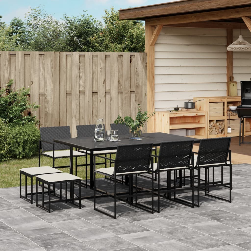 vidaXL 11-tlg. Garten-Essgruppe mit Kissen Schwarz Poly Rattan