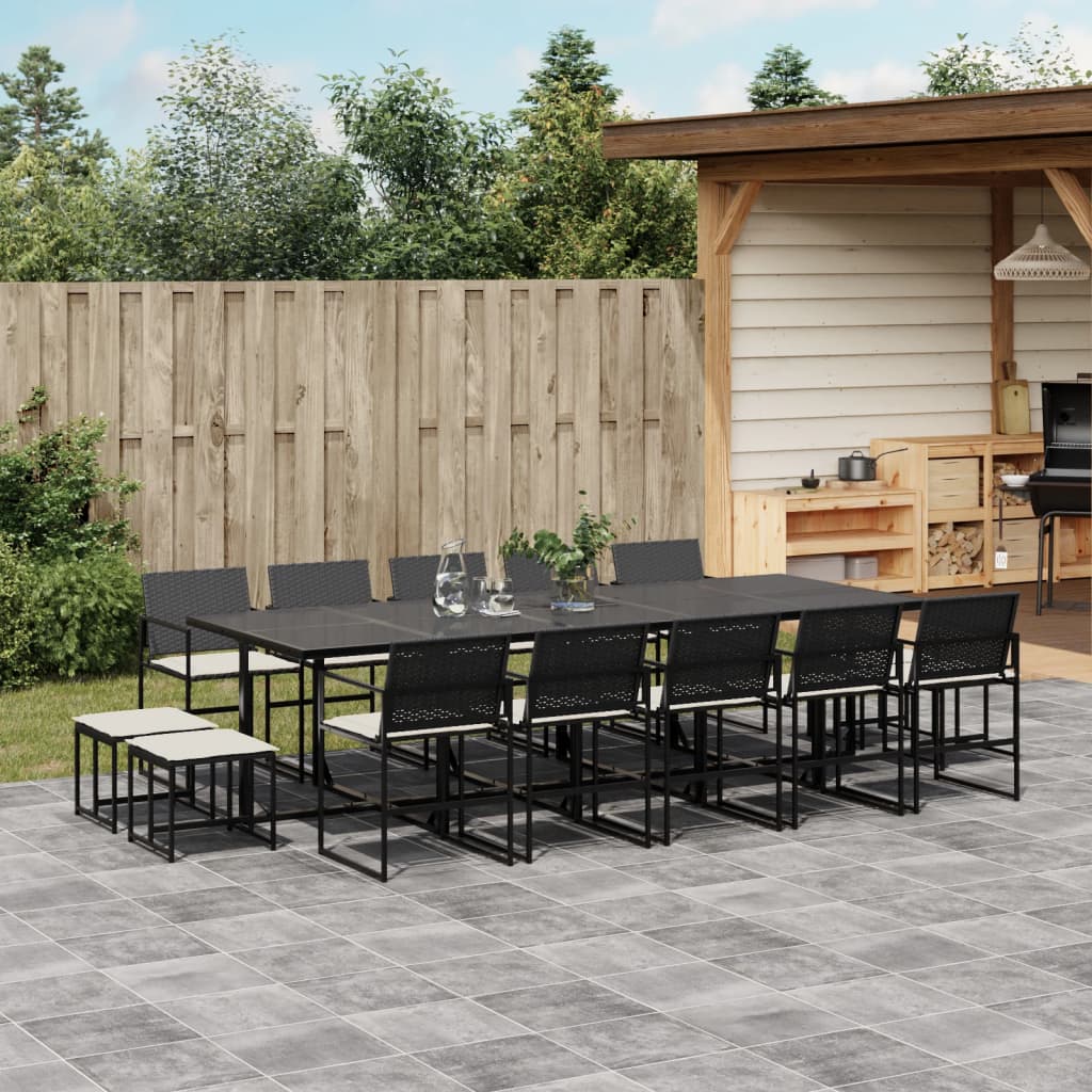 vidaXL 15-tlg. Garten-Essgruppe mit Kissen Schwarz Poly Rattan