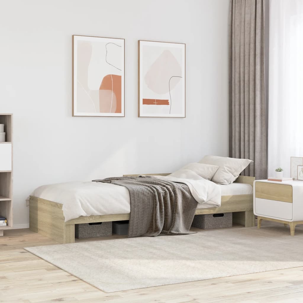 Sengeramme 90x200 cm i konstrueret træ - sonoma-eg, med lamelbund og sengehest