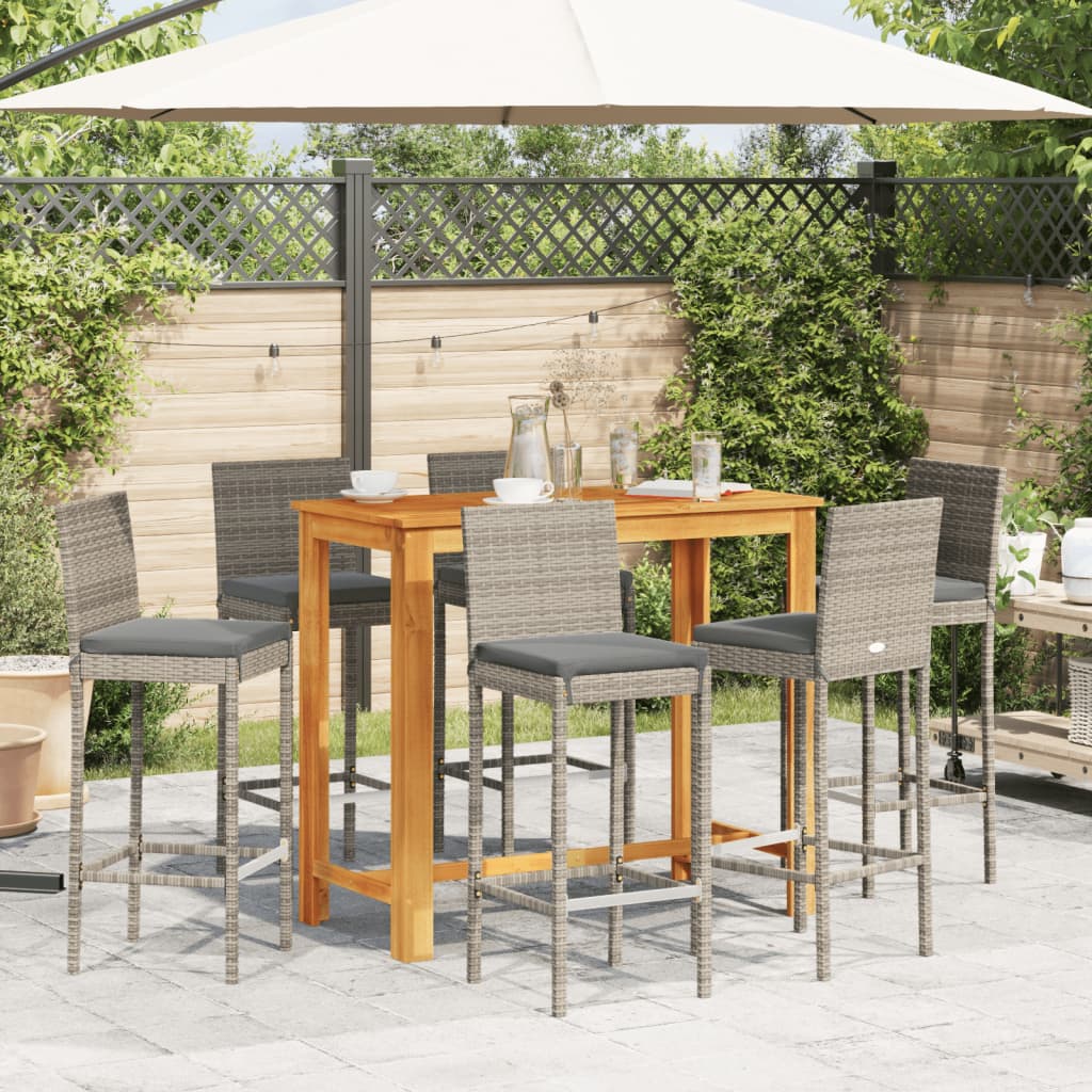 vidaXL 7-delige Tuinbarset massief acaciahout en poly rattan grijs afbeelding