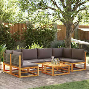 7-delni vrtni komplet sedežnih garnitur z blazinami, les akacije in ratan