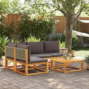 5-delni vrtni komplet sedežnih garnitur z blazinami, les akacije in ratan