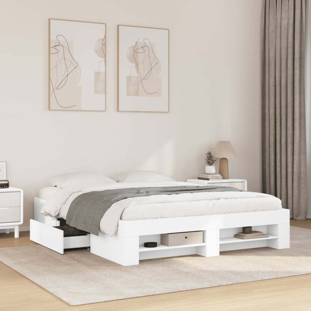 Sengestel med opbevaring 160 x 200 cm - konstrueret træ, hvid